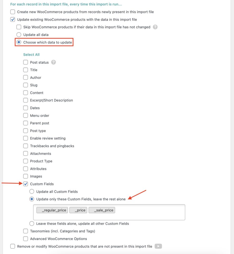 Woocommerce Update Product Price - Choose Fields to Update
