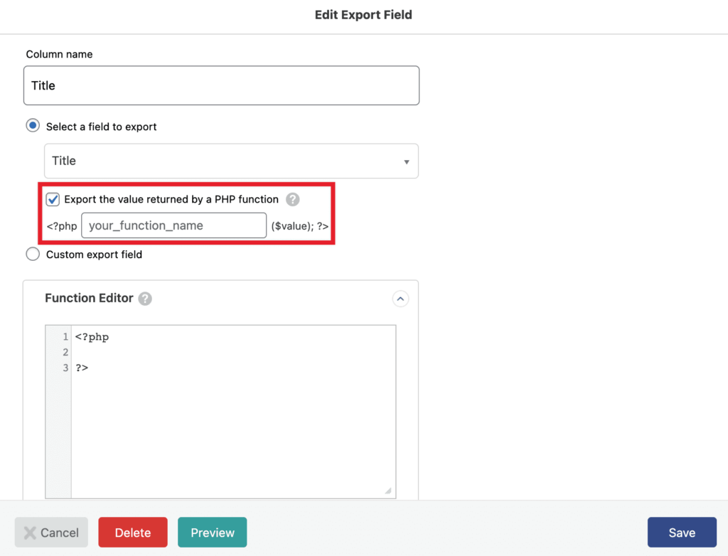 Export the value returned by a PHP function option.